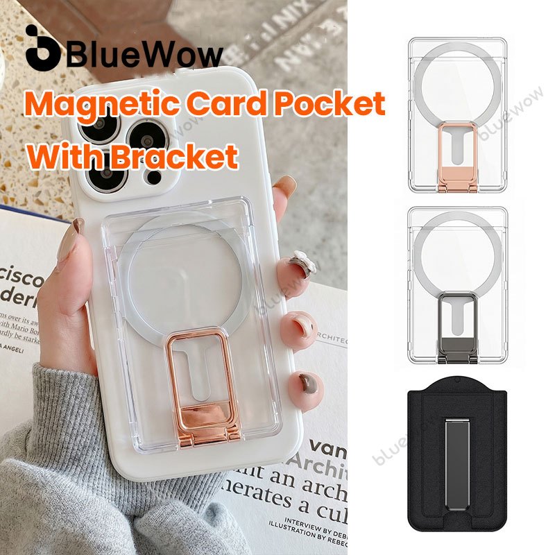 BlueWow Magnetic Card Wallet Phone Stand,Snap On Pocket Card Slot Phone Holder,แบบพกพาพับได้ใช้กระเป๋าการ์ดพร้อมขายึด