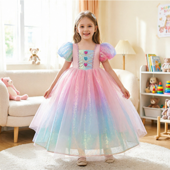 FSMKTZ 2-10Y เด็กผู้หญิงใหม่ Pearl Gradient เลื่อมสีอัญมณีตาข่ายคอสเพลย์ Mermaid เสื้อผ้า ASMR092