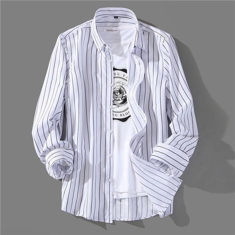 ใหม่ผู้ชายเสื้อเชิ้ตลายทางสีขาวเดินทางตรวจสอบธุรกิจแขนยาวเสื้อเชิ้ตลําลองสีดํา