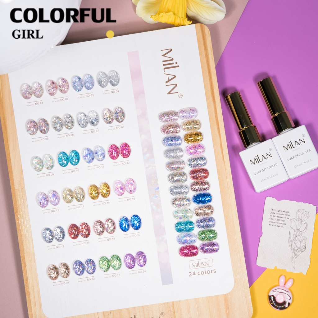 เจลเล็บ MILAN 24 สี | สีเจลกลิตเตอร์วิบวับจัดเต็ม | วิ้งกระแทกตา เล่นแสงสุดปัง | ทาแล้วดูแพงทันที (ทามาให้แล้ว พร้อมใช้งาน) สีเจลกลิตเตอร์เนื้อแน่น |