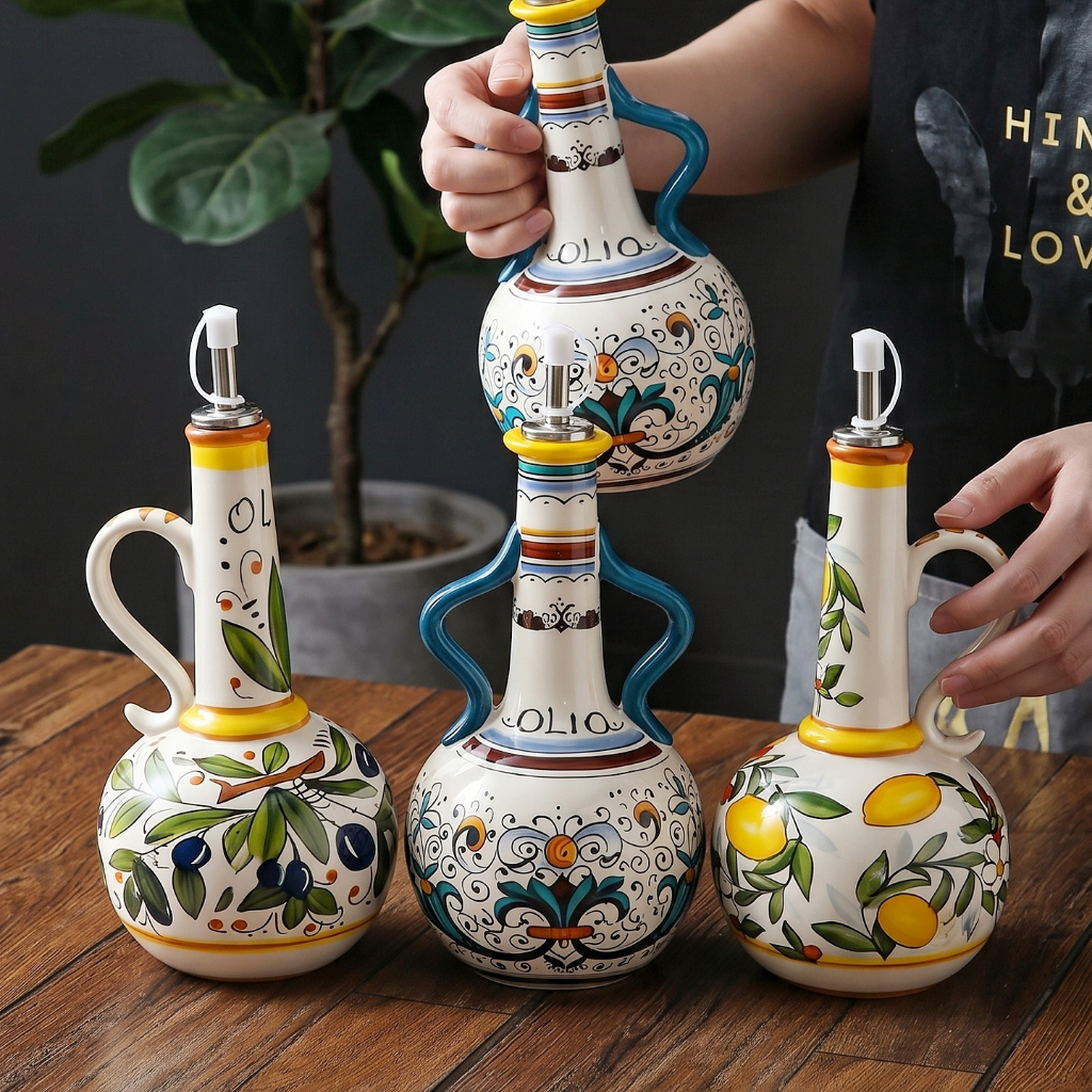 HongDian ขวดใส่น้ำมันเซรามิก ceramic porcelain oil bottle มีหูจับ ดีไซน์ลายมะกอกและเลมอน underglaze ใช้งานสะดวก เทง่ายไม่หก ปลอดภัยต่ออาหาร วัสดุคุณภาพสูง เคลือบใต้เคลือบสีไม่ซีดจาง แข็งแรงทนทาน ทำความสะอาดง่าย เหมาะสำหรับใช้น้ำมันมะกอก น้ำมันพืช ซอส