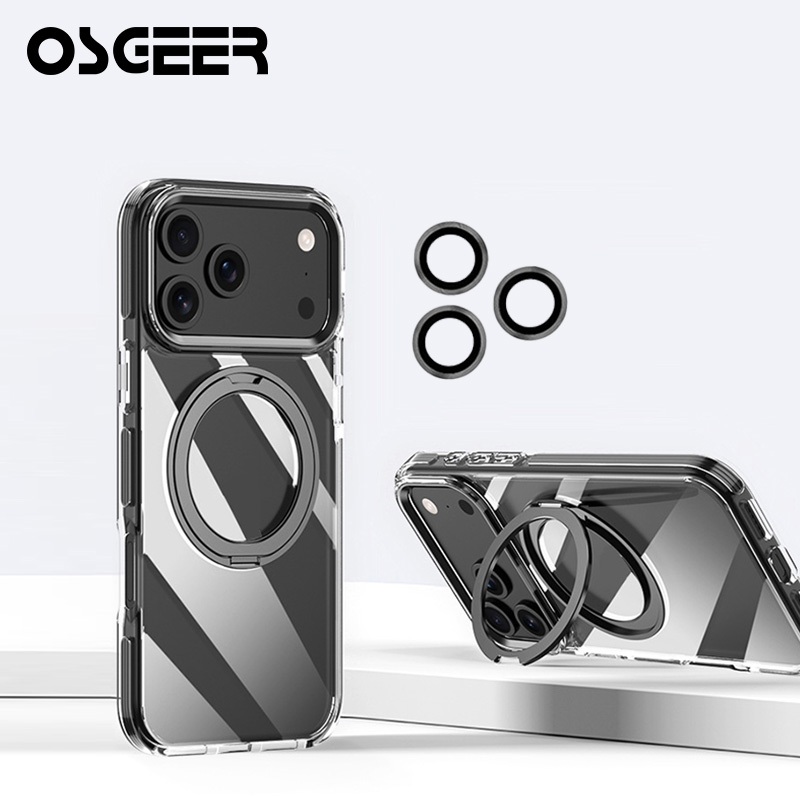 โอสเกร์ 360°ขาตั้งแหวนสําหรับ iPhone 17 16 15 14 13 12 11 PRO MAX กรณีพร้อมฝาครอบกล้อง, Anti-Yellowing & Scratch-Resistant กลับเคสโทรศัพท์สําหรับ iPhone 17 PRO MAX Clear