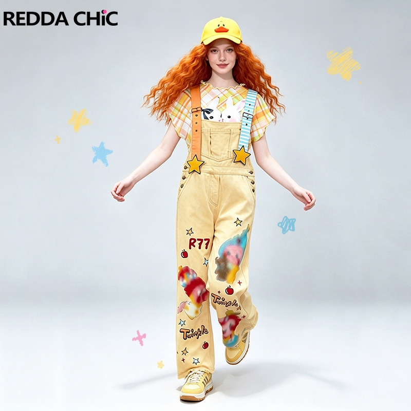 แจ๊กเก็ต Overall สไตล์ Y2K พรินต์การ์ตูน ไซส์ S-XL ปรับสายคล้องไหล่ กางเกงยีนส์ขาบาน