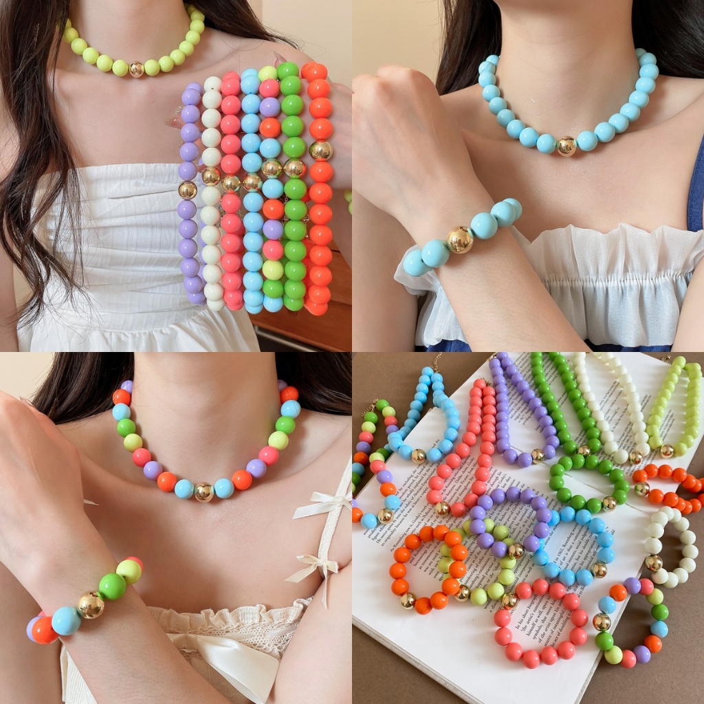 สร้อยคอมินิมอลและสร้อยข้อมือสำหรับผู้หญิง ออกแบบสไตล์โบฮีMIAN กะทัดรัดด้วยลูกปัดอะคริลิกสีสันสดใส เหมาะสำหรับสวมใส่ทุกวันและวันหยุด
