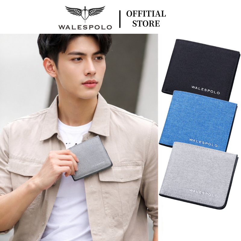 กระเป๋าสตางค์ใบสั้น ผ้าแคนวาส มีช่องใส่บัตร เครดิต มีสีดํา สีน้ําเงิน/สีเทา ค์ผู้ชายแฟชั่น