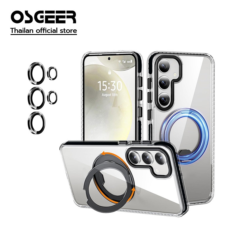 OSGEER สําหรับ Samsung Galaxy S26 S25 S24 Ultra Case พร้อม 360°ขาตั้งวงแหวนแม่เหล็กหมุนได้ [การชาร์จแบบไร้สาย], ขาตั้งโทรศัพท์ขอบนิ่มแบบใสบาง, แบบใสและสีดํา