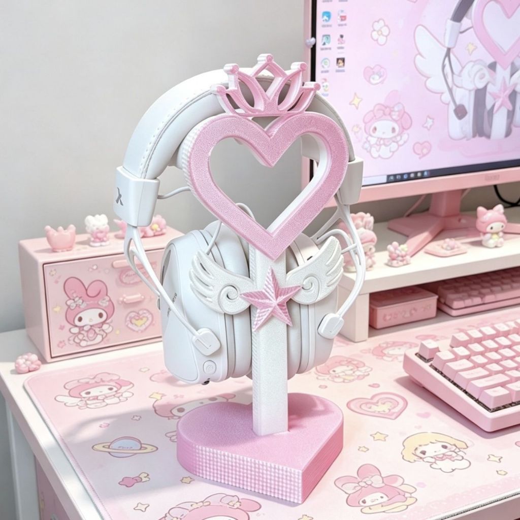 ห้องเกมมิ่ง ขาตั้งหูฟังคอมพิวเตอร์การ์ตูนน่ารักยืนเดสก์ท็อปตกแต่งเดสก์ท็อปตกแต่งสาวหัวใจการ์ตูนสก์ท็อปหูฟังยืนของขวัญสองมิติ