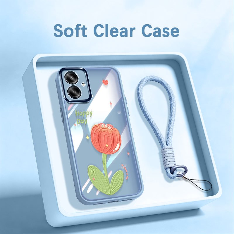 VRQR สําหรับ Samsung Galaxy A07 A06 4G 5G A05S A05 A04E A04 A03 การ์ตูนพิมพ์ดอกไม้กันกระแทกเคสโทรศัพท์ใสพร้อมเชือกเส้นเล็ก
