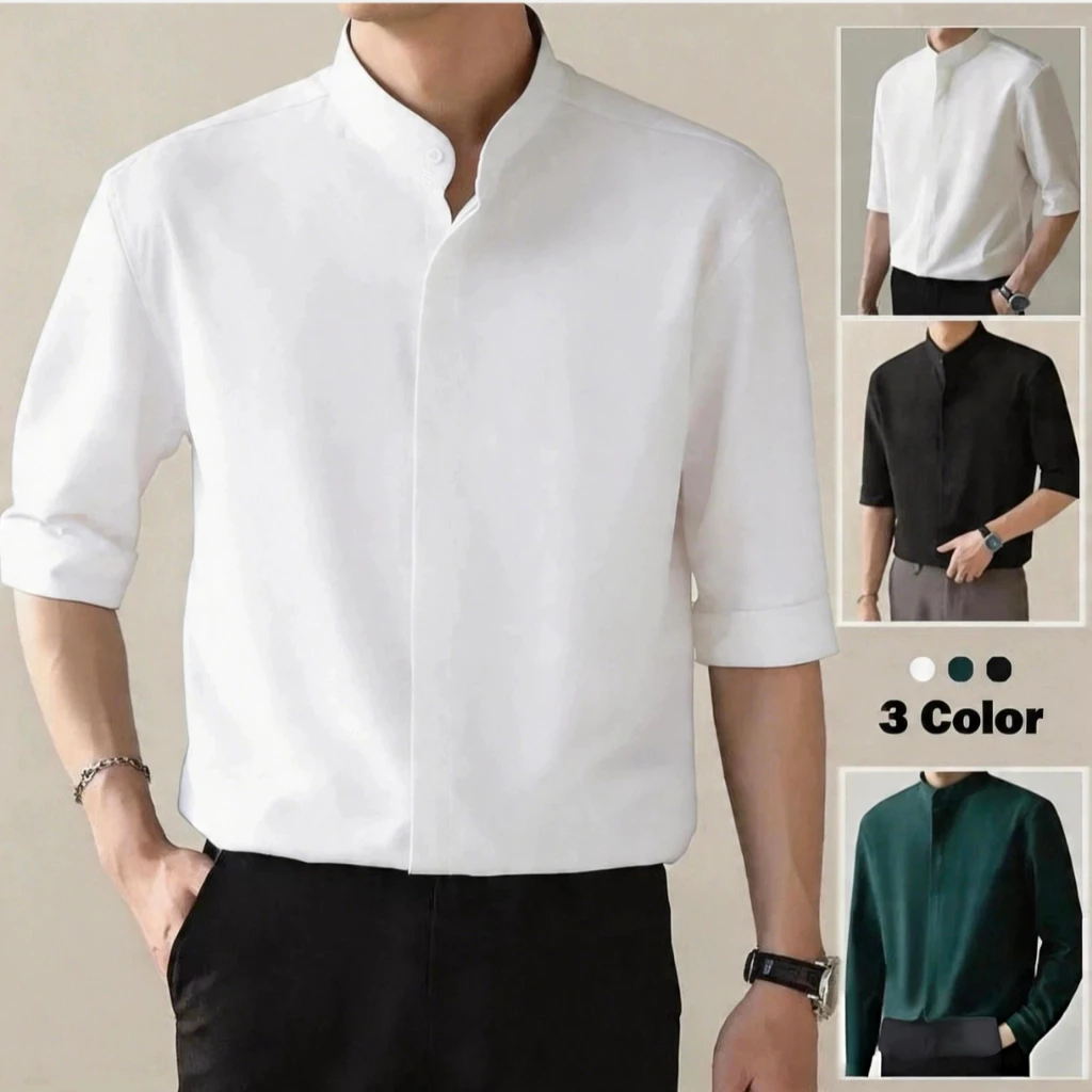 เสื้อเชิ้ตลําลอง คอตั้ง เข้ารูป แฟชั่นฤดูร้อน สําหรับผู้ชาย