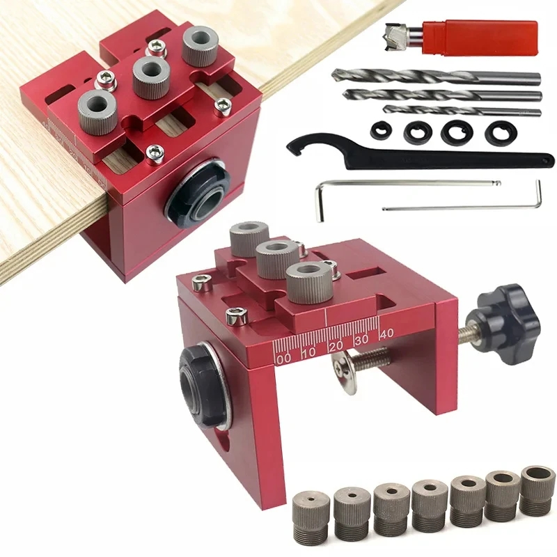 1 ชุด Dowelling Jig 3 in 1 งานไม้ Hole Puncher Locator ชุดเครื่องมือเจาะท่องเที่ยว Clamp อลูมิเนียม DIY ช่างไม้งานไม้
