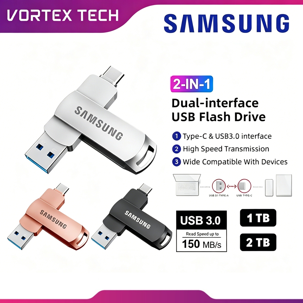 Samsung  1TB 2TB 2 in 1 High Speed Metal USB3.0 Flash Drive Type-c Phone MacBook Tablet OTG ความเร็วสูง ตัวถังอัลลอยด์กระจายความร้อน แฟลชไดรฟ์