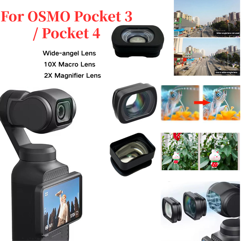 HD Optical Glass Lens Kit สําหรับ DJI Osmo Pocket 4/3 2X ซูมแว่นขยายเลนส์ 112° เลนส์มุมกว้าง 10X เลนส์มาโครกรอบอลูมิเนียมแม่เหล็กด่วนที่วางจําหน่ายอุปกรณ์เสริมการถ่ายภาพ