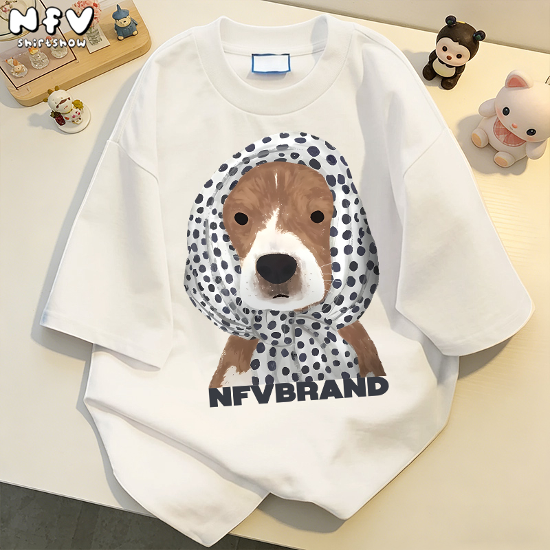 NFVพร้อมส่ง ลายน้องหมาคาดผ้าโพกหัว เสื้อยืดแขนสั้นคอกลม ทรงหลวม ผ้าฝ้ายแท้ เนื้อผ้านุ่ม ใส่สบาย YG565