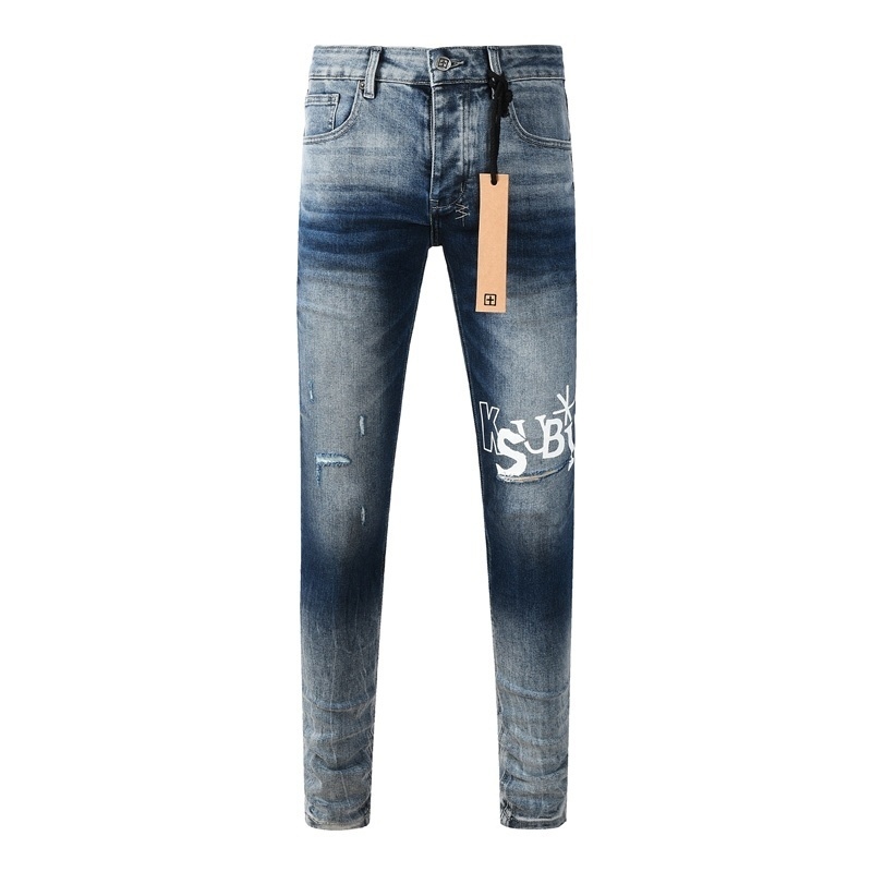 Street fashion brand men jeans dark slim fit elastic print jeans knee tear high-quality men denim pa