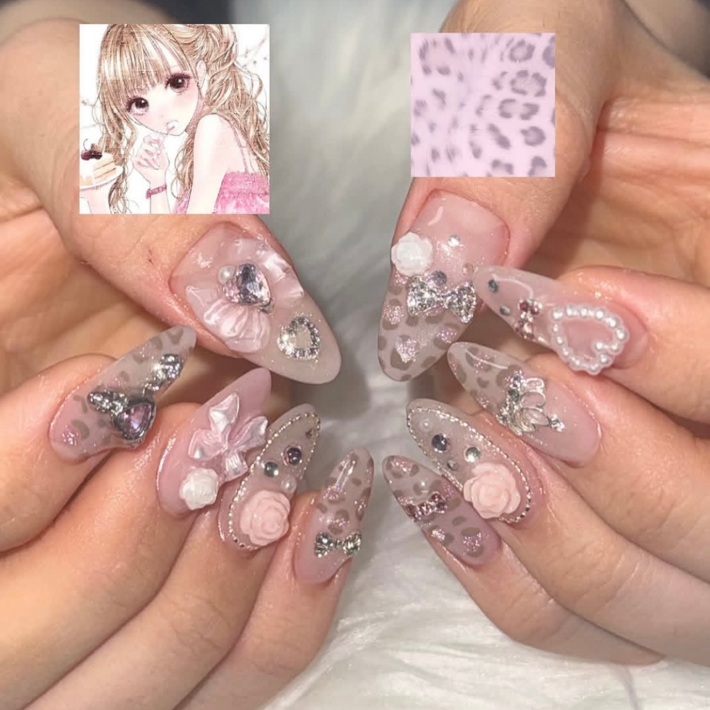 โบราณ Pink Cats Eye เสือดาวพิมพ์สีนู้ดสวมใส่เล็บ ins มือวาดยาว Love Bow เล็บ Patch