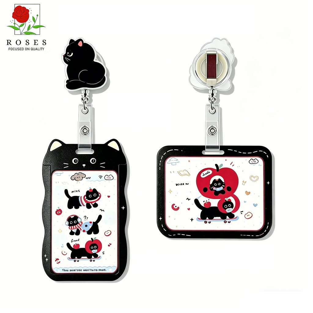 Back to school สายดึงแมวดำ อะคริลิค ม้วนเก็บอัตโนมัติ สายคล้องคอ ที่หนีบบัตรพนักงาน card holder reel