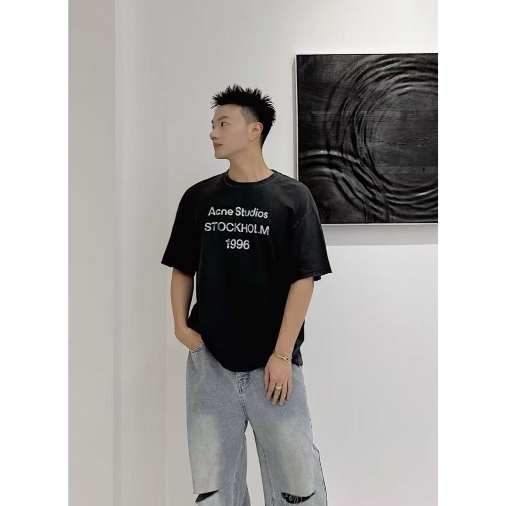 ฤดูร้อนใหม่ เครื่องปรับอากาศ ไล่โทนสีล้าง 1996 จดหมายพิมพ์คอกลมแขนสั้นแฟชั่นสวมใส่-ออกเสื้อยืดผ้าฝ้ายหลวม
