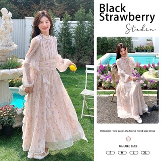 Black Strawberry Floral Chiffon Skirt with Long Sleeves - For Women