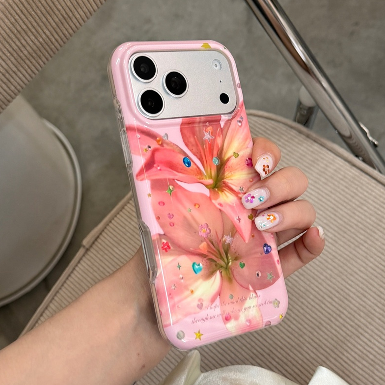 สําหรับ iphone Case 17 Pro Max 16 Pro Max 15 Pro Max เพชรสีและเคสโทรศัพท์ดอกลิลลี่ปิดทอง