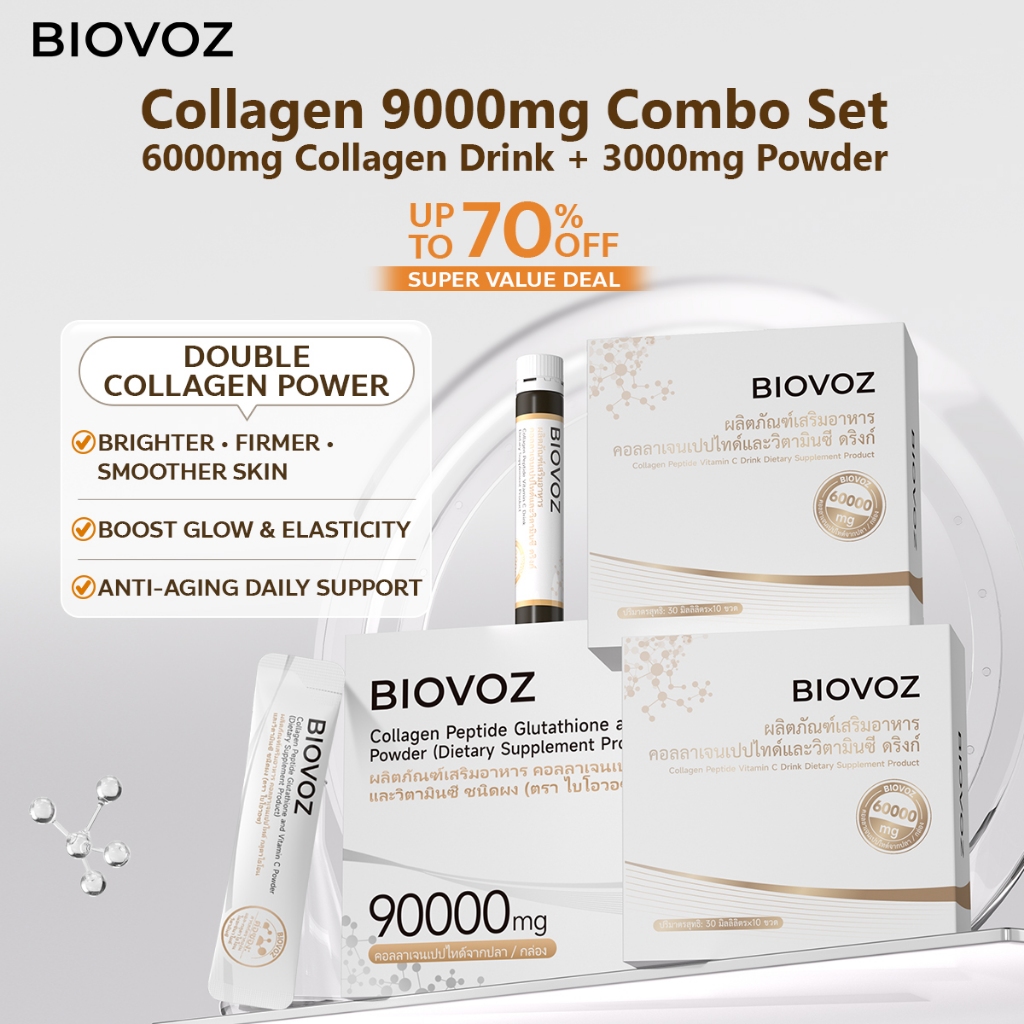 BIOVOZ Collagen Drink 6000mg+Collagen Powder 3000mg Set | Kulit Cerah, Anti Penuaan & Firming Double Collagen Boost เพื่อผิวกระจ่างใส เต่งตึง | 10 โบทอล+30 ซอง – โปรปัง