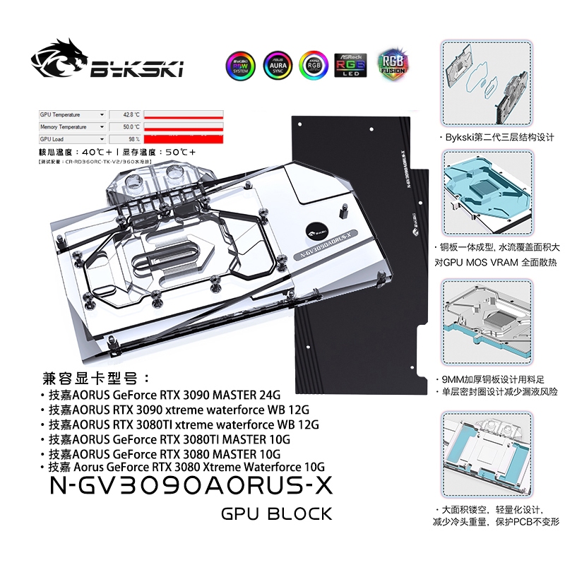 Bykski N-GV3090AORUS-X GPU Water Block เข้ากันได้กับ Gigabyte RTX 3090 AORUS 24G.