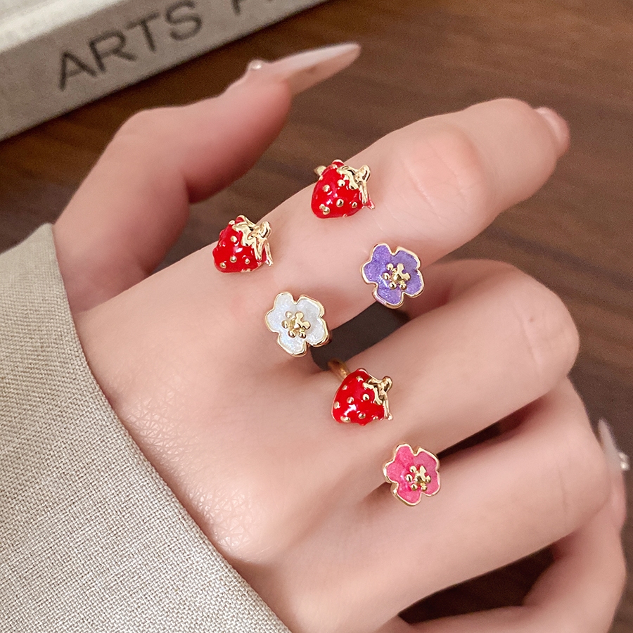 แหวนทองโลหะผสมสีเคลือบ สตรอเบอร์รี่ดอกไม้น่ารัก สำหรับใส่วันธรรมดาและงานเฉลิมฉลอง