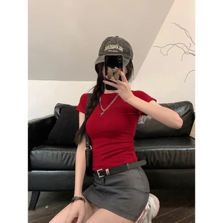 BOSSY แขนสั้นไหล่อเมริกันเผ็ดสาว ฤดูร้อนใหม่ของผู้หญิงเอวคอลเลกชันเสื้อยืดสลิมฟิตรอบคอบางสั้นครึ่งแขนด้านบน ผ้าฝ้าย100%#E