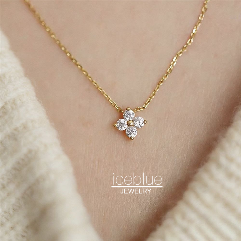 Iceblue-Four-Leaf Clover สร้อยคอจี้เพชรสแตนเลส 18K ชุบทองกันน้ํา Non Tarnish Hypoallergenic All Match เครื่องประดับสําหรับผู้หญิง N148