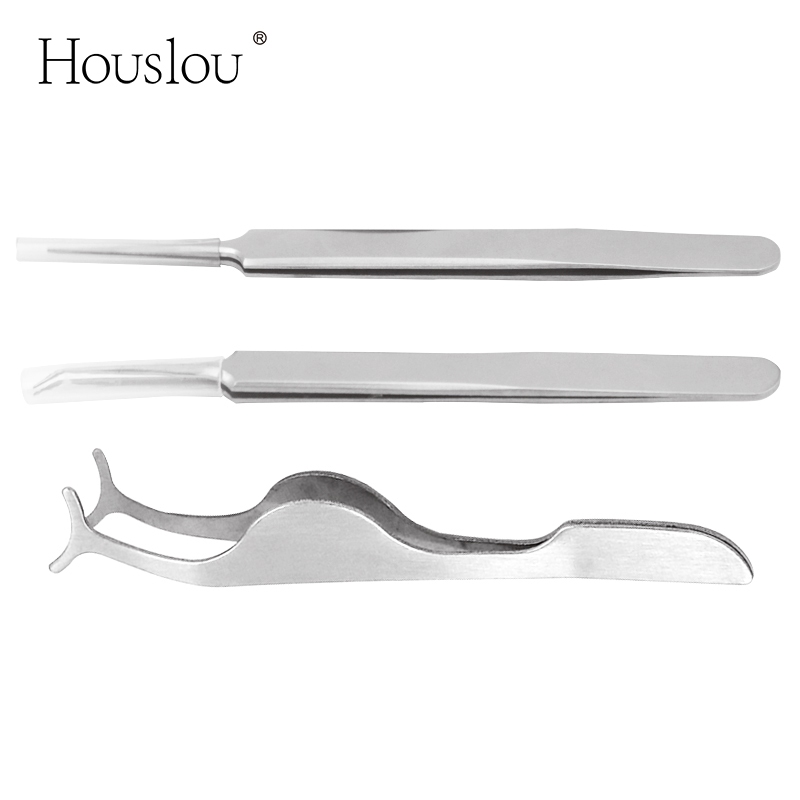 Houslou แหนบขนตาสแตนเลสระดับพรีเมียมชุดปลายโค้ง & Lash Applicator สําหรับขนตาปลอม