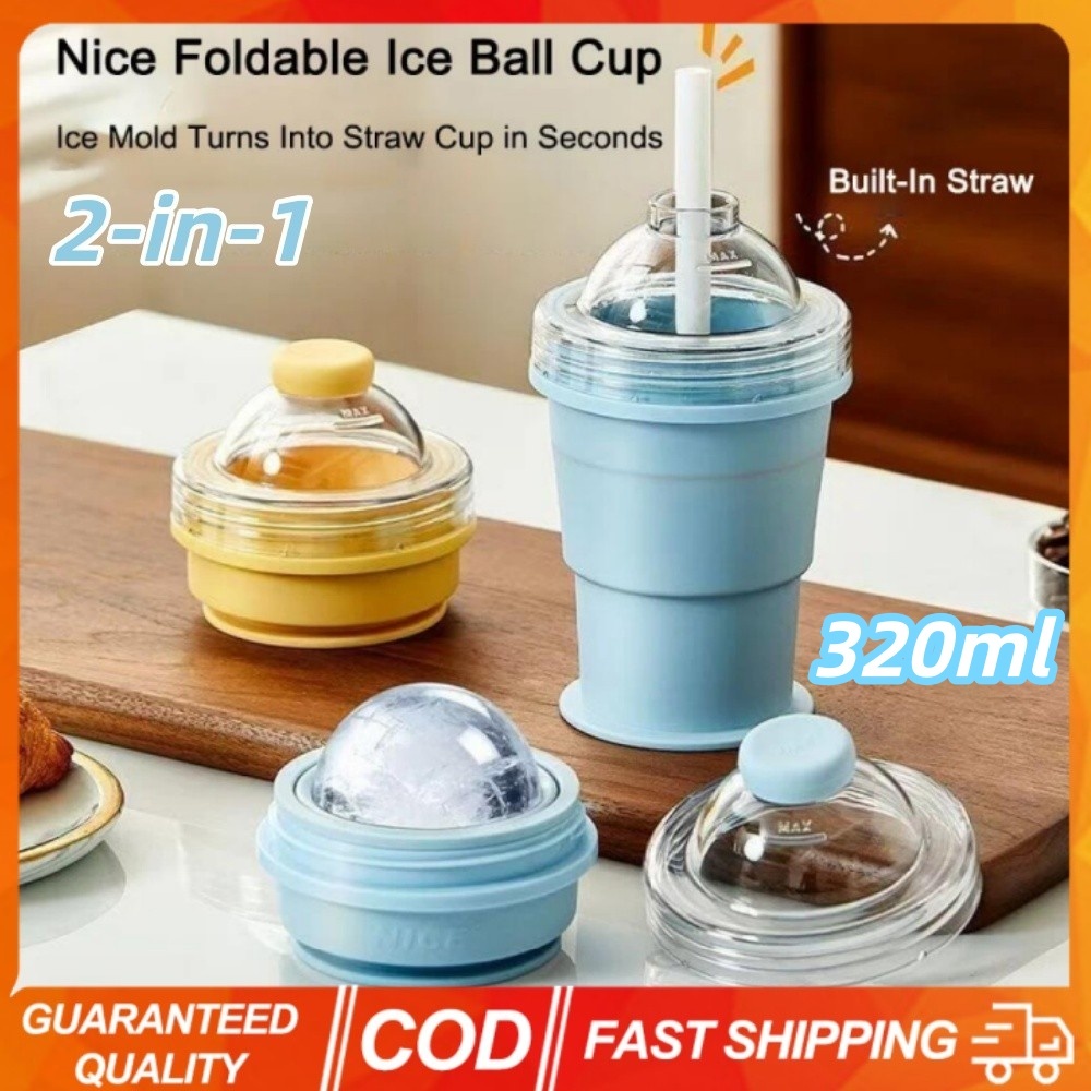 2-in-1 320ml พับซิลิโคน ICE Ball Maker ถ้วยดื่ม Build-in ฟาง ICE Ball แม่พิมพ์ Leak-Proof Travel แก้วแบบพกพาสําหรับน้ําผลไม้และค็อกเทลฤดูร้อน Essential เครื่องมือห้องครัว