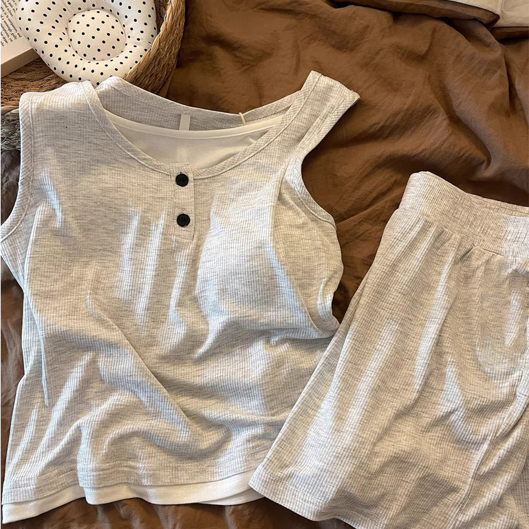 เวอร์ชั่นเกาหลีเสื้อกั๊กกางเกงขาสั้นชุดนอนชุด High-End สบาย Homewear (พร้อมแผ่นรองหน้าอก)