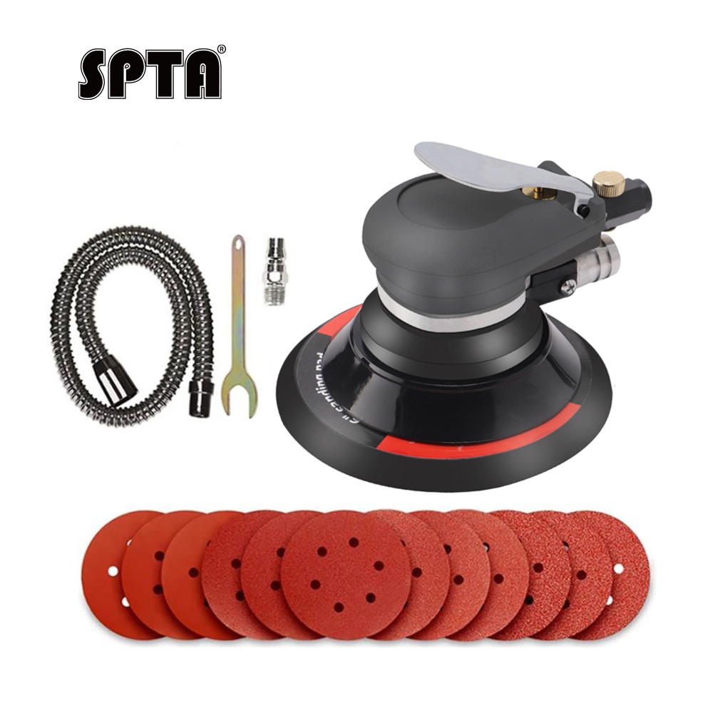 SPTA Random Orbital Sander 5" & 6" เครื่องขัดฝ่ามือแบบนิวเมติกพร้อมแผ่นสํารอง 5", แผ่นขัดฟองน้ํา, กระดาษทรายการสั่นสะเทือนต่ําและ Heavy Duty สําหรับไม้, คอมโพสิต, โลหะ