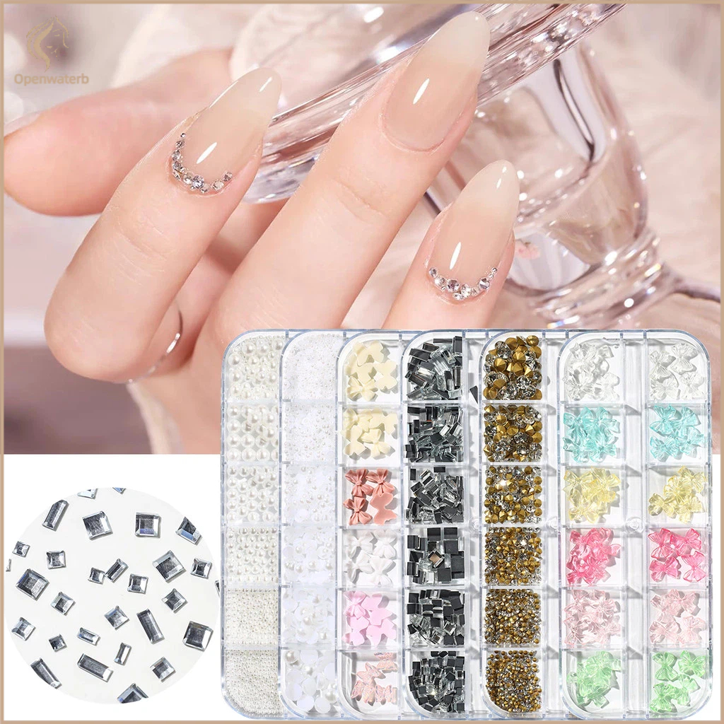 12/Grids 3D เล็บ Rhinestones คละไซส์ Pearl Aurora ผีเสื้อ Bownot เพชรเครื่องประดับตกแต่ง เล็บ