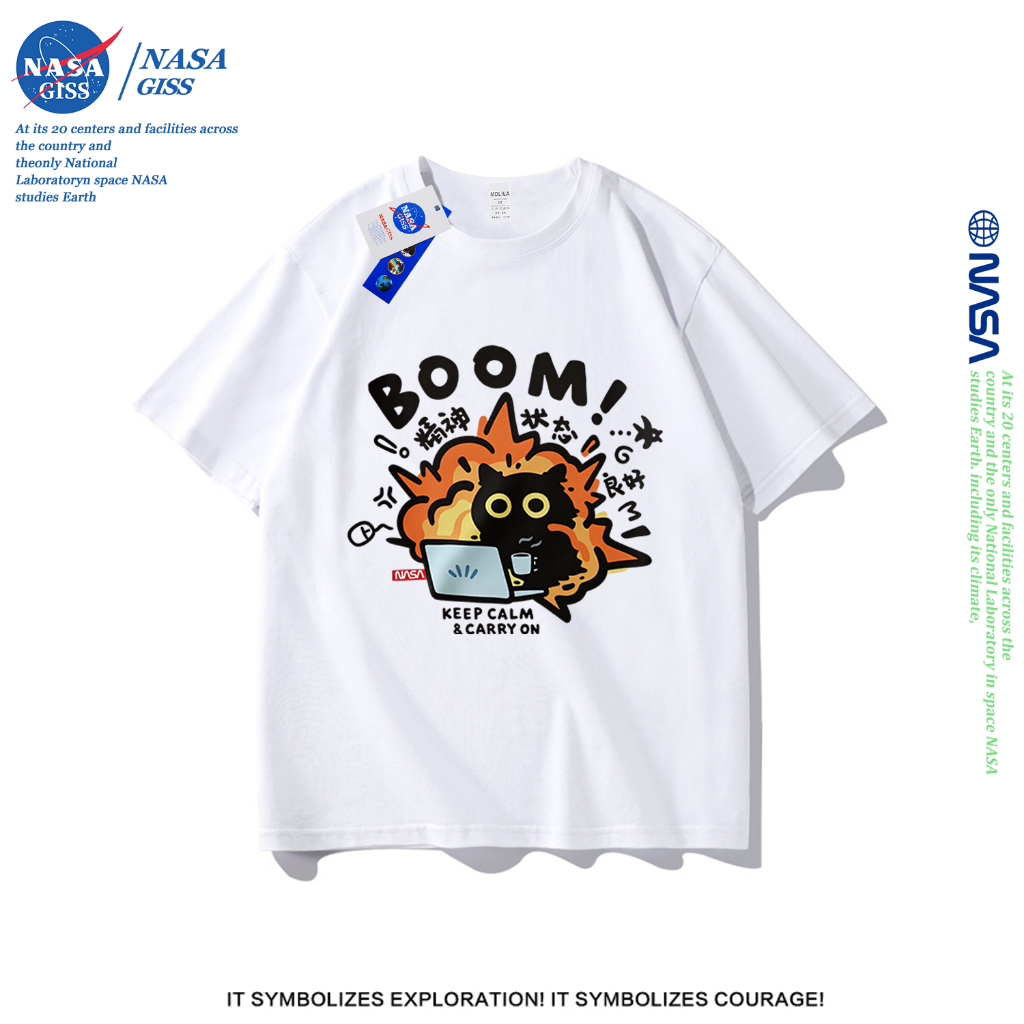 NASA เสื้อยืดชายหญิงแขนสั้น สไตล์ลำลอง summer Can't calm down พิมพ์ลาย คอตตอน คอกลม หลวมและระบายอากาศ