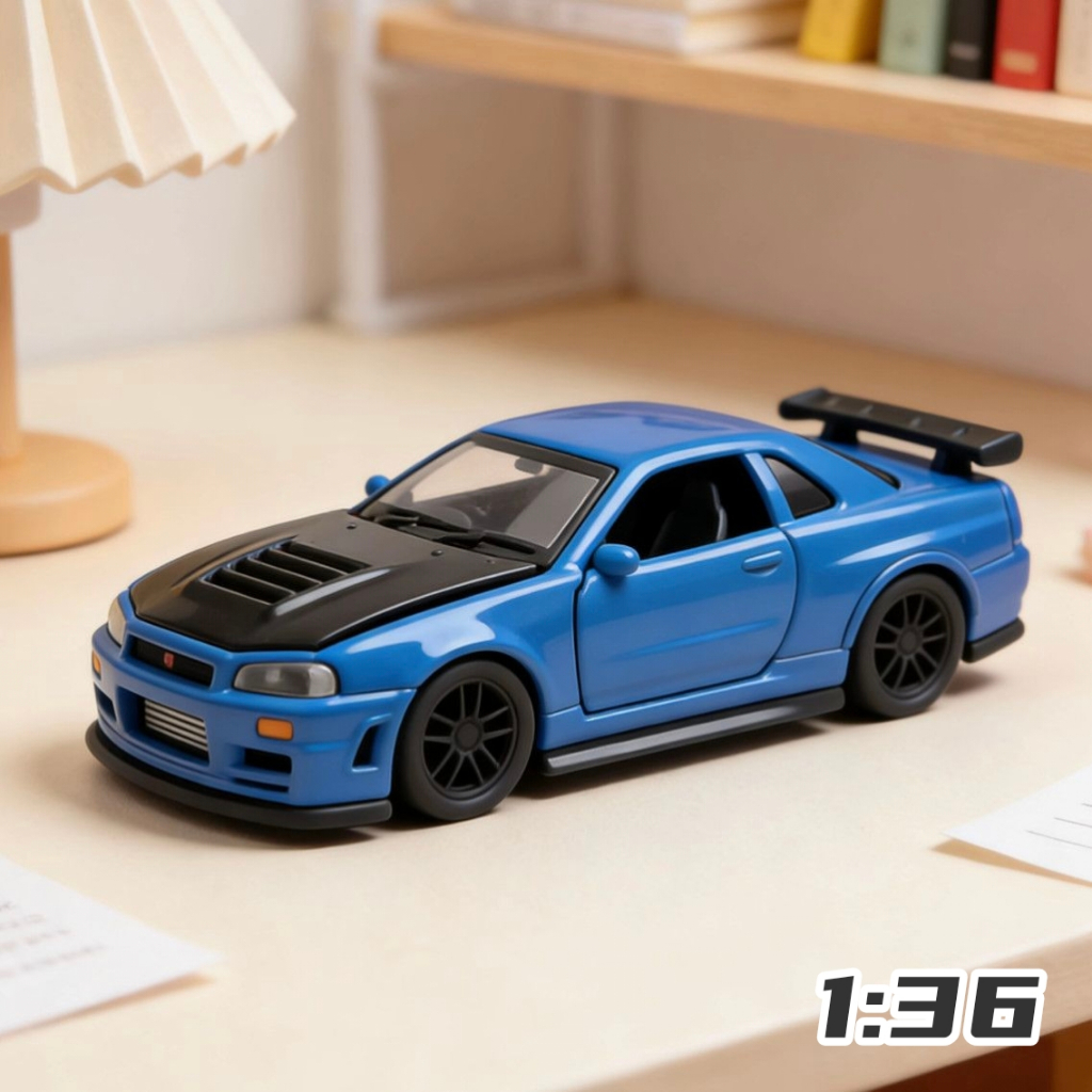 DL 1:36 GTR R34 โลหะผสมรถสปอร์ตรุ่น, ดึงกลับรถเด็ก, เด็กผู้ชายเด็กทารกเปิดประตูรถของเล่น, รถแข่ง