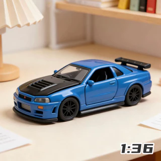 DL 1:36 GTR R34 โลหะผสมรถสปอร์ตรุ่น, ดึงกลับรถเด็ก, เด็กผู้ชายเด็กทารกเปิดประตูรถของเล่น, รถแข่ง