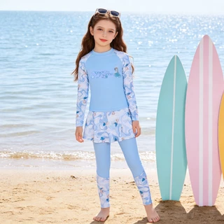 ชุดว่ายน้ำ Rash Guard แขนยาว One Piece สีดำและชมพู สำหรับชายหาด ป้องกัน UV ขนาดสำหรับเด็ก พร้อมสต็อก