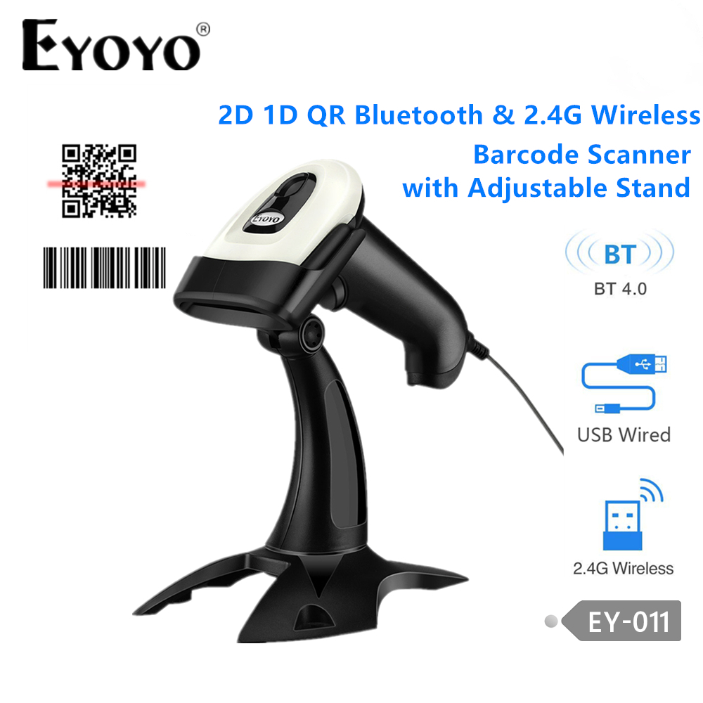 Eyoyo เครื่องสแกนบาร์โค้ด 2D QR Code Barcode Scanner ไร้สายพร้อมขาตั้งแบบปรับได้ Bluetooth 2.4G ไร้ส