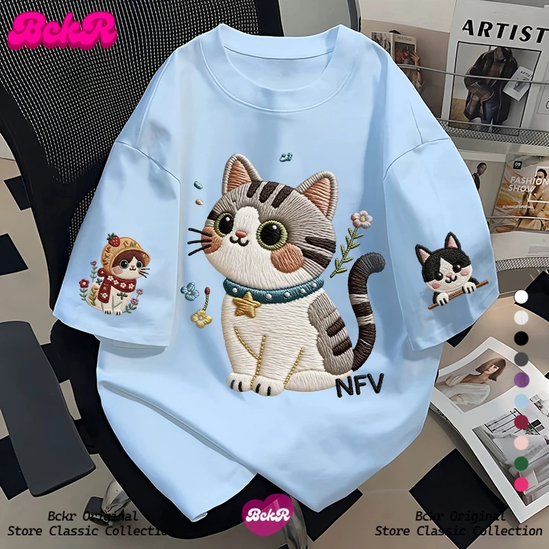 【จัดส่งตลอด 24 ชั่วโมง】🔥BCKR ลายแมวน้อย oversize ชุดหน้าร้อนคอกลมเสื้อ🐱 เสื้อผญเสื่อยืด YG4721