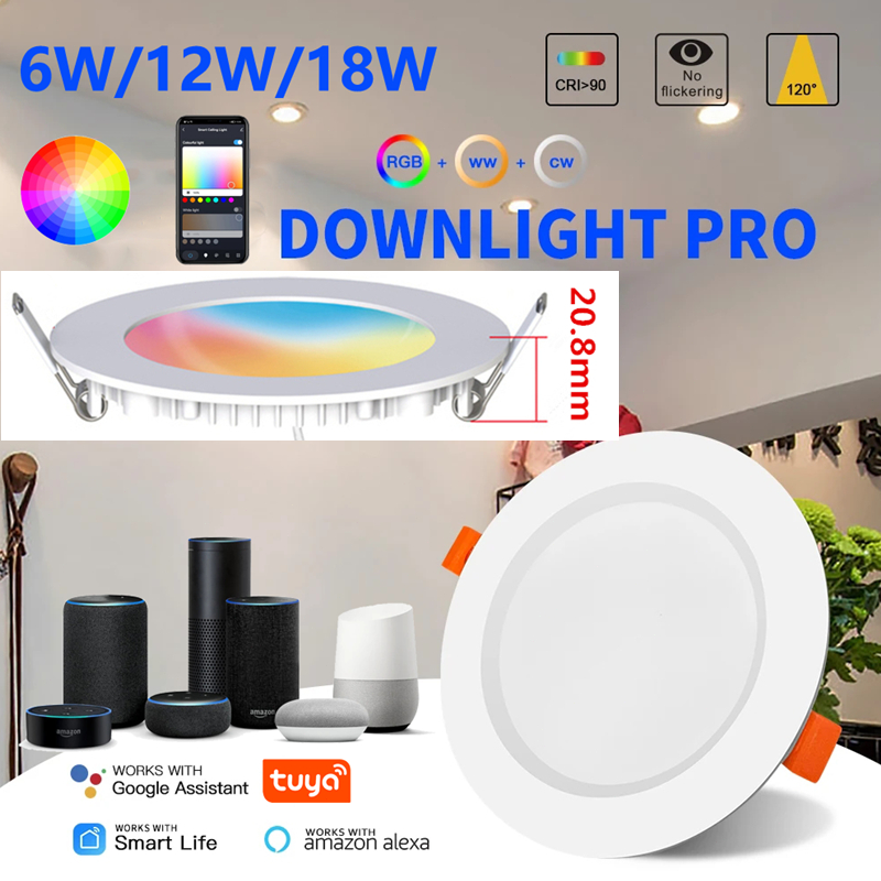 ดาวน์ไลท์ Tuya UltraThin หลอดโคมไฟโคมไฟจุด 6W RGB เปลี่ยนแสงเย็นอุ่นทํางานร่วมกับ Alexa Google Home Smart Life