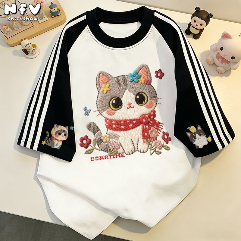 【จัดส่ง 24 ชม.】NFV ✨เสื้อยืดลายลูกแมว ทรงหลวม ผ้าฝ้าย100% ใส่สบาย ระบายอากาศYG4769