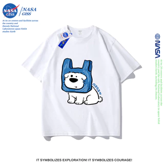 NASA เสื้อยืดชายหญิงแขนสั้น สไตล์ลำลอง summer กระเป๋าถือลูกสุนัข พิมพ์ลาย คอตตอน คอกลม หลวมและระบายอากาศ
