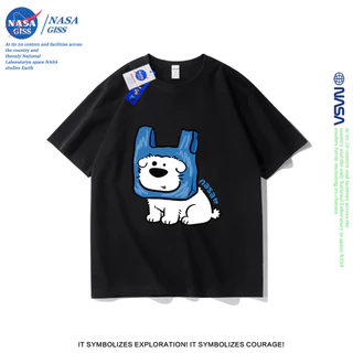 NASA เสื้อยืดชายหญิงแขนสั้น สไตล์ลำลอง summer กระเป๋าถือลูกสุนัข พิมพ์ลาย คอตตอน คอกลม หลวมและระบายอากาศ