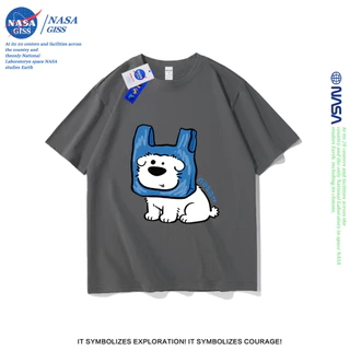 NASA เสื้อยืดชายหญิงแขนสั้น สไตล์ลำลอง summer กระเป๋าถือลูกสุนัข พิมพ์ลาย คอตตอน คอกลม หลวมและระบายอากาศ