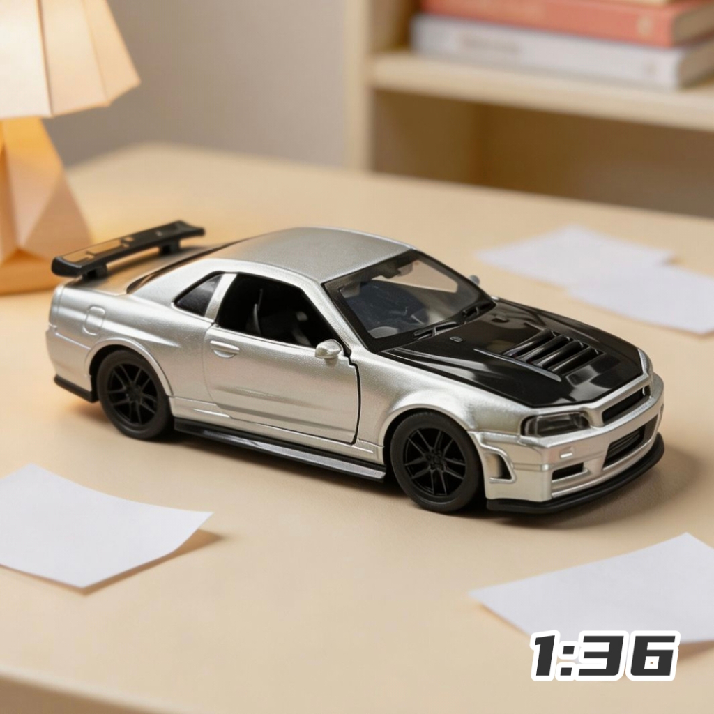 DL 1:36 Nissan GTR-R34 โลหะผสมรถสปอร์ตรุ่น, ดึงกลับรถเด็ก, เด็กผู้ชายของเล่นเปิดประตูรถ, รถแข่ง