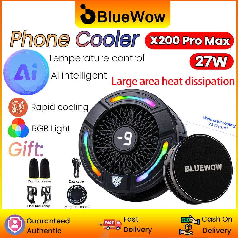 พื้นที่ขนาดใหญ่BlueWow X200 Pro Max Phone Cooler | 27W AI Ice Cooling | หม้อน้ําเกมแช่แข็งอย่างรวดเร็ว | จอแสดงผลดิจิตอล RGB | แม่เหล็ก+คลิป