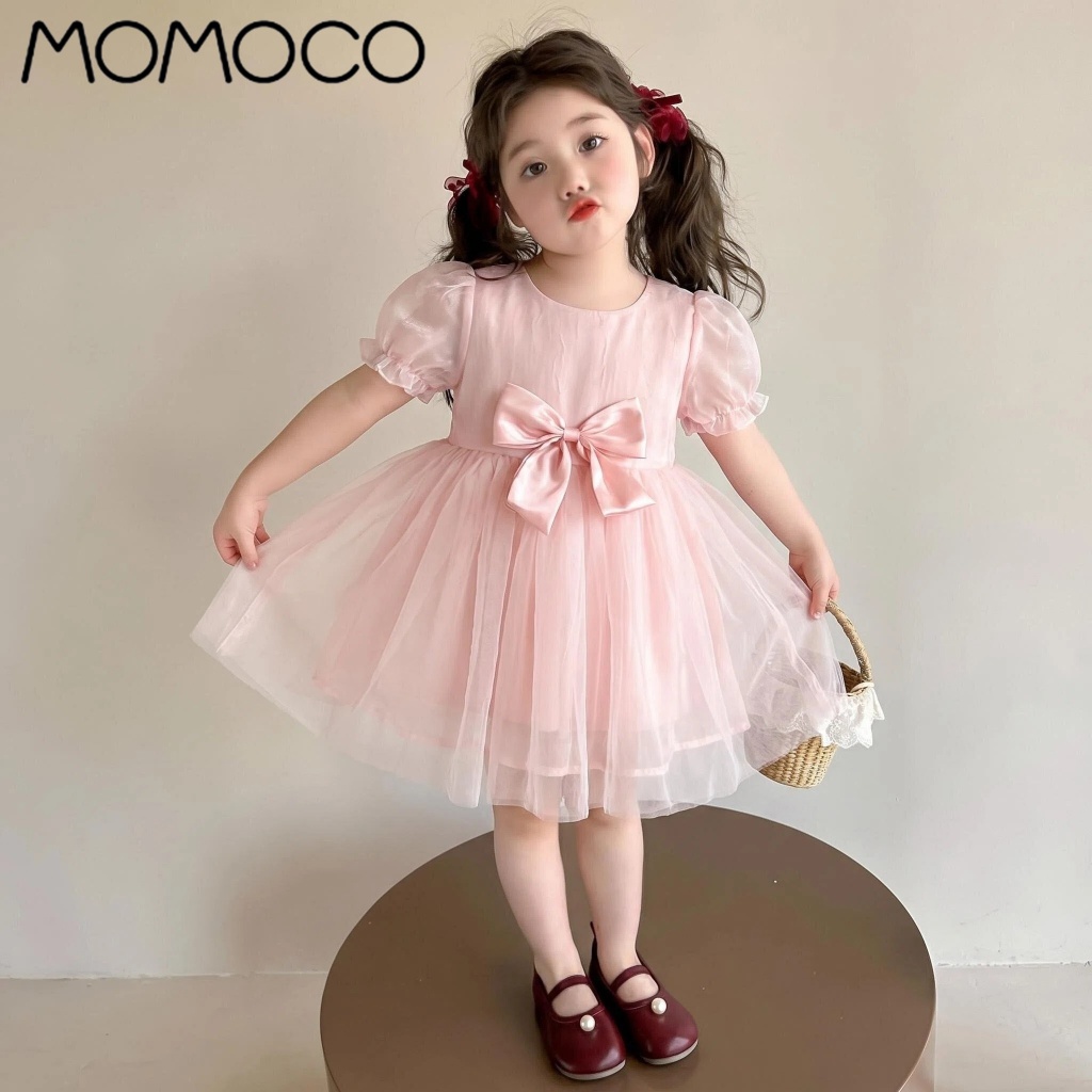 MOMOCO ชุดเดรสเด็กหญิง  ผ้าคอตตอนนุ่ม โบว์เอว กระโปรงบอบบาง น่ารัก princess style 2-9 ขวบ