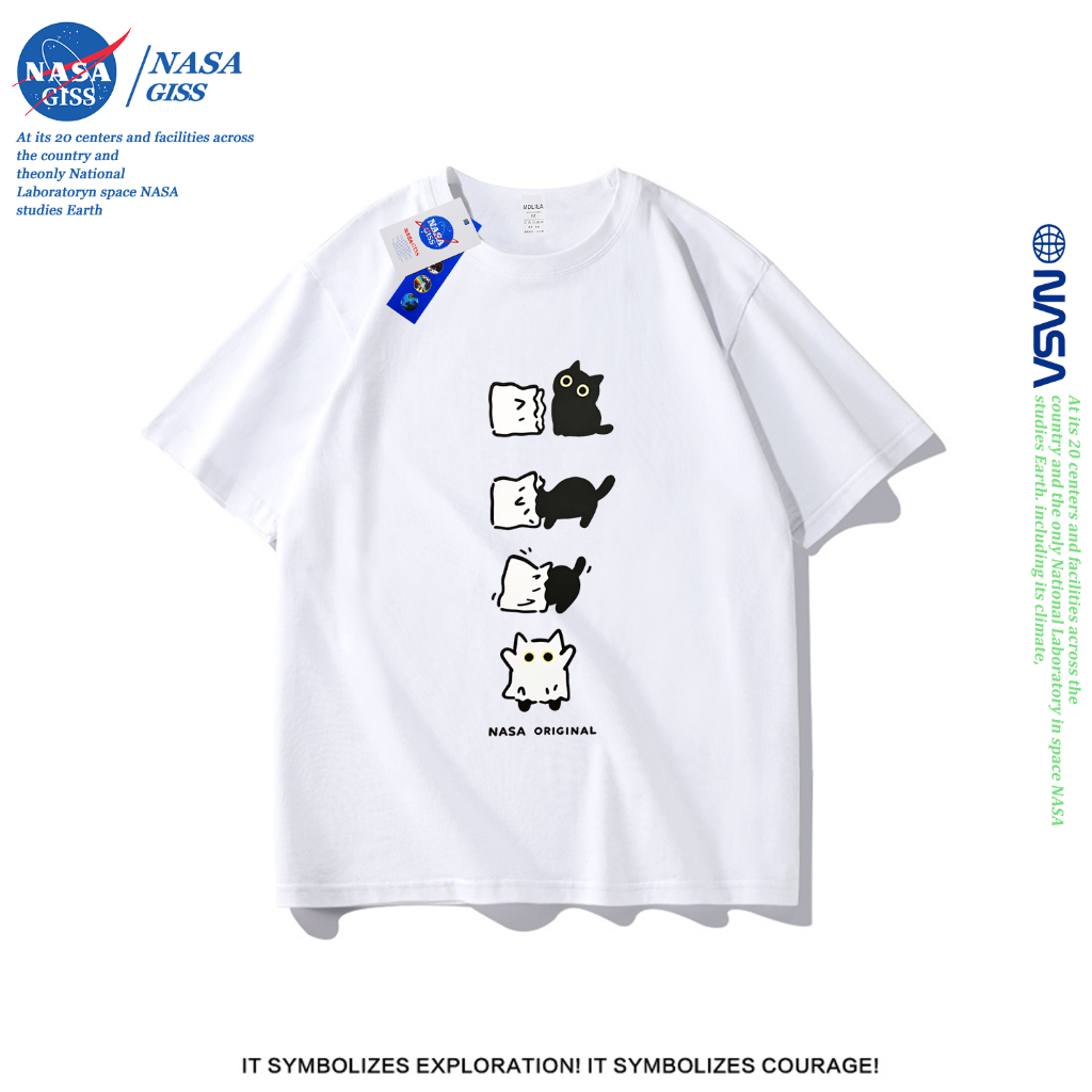 NASA เสื้อยืดชายหญิงแขนสั้น สไตล์ลำลอง summer ผีแมวดำ พิมพ์ลาย คอตตอน คอกลม หลวมและระบายอากาศ