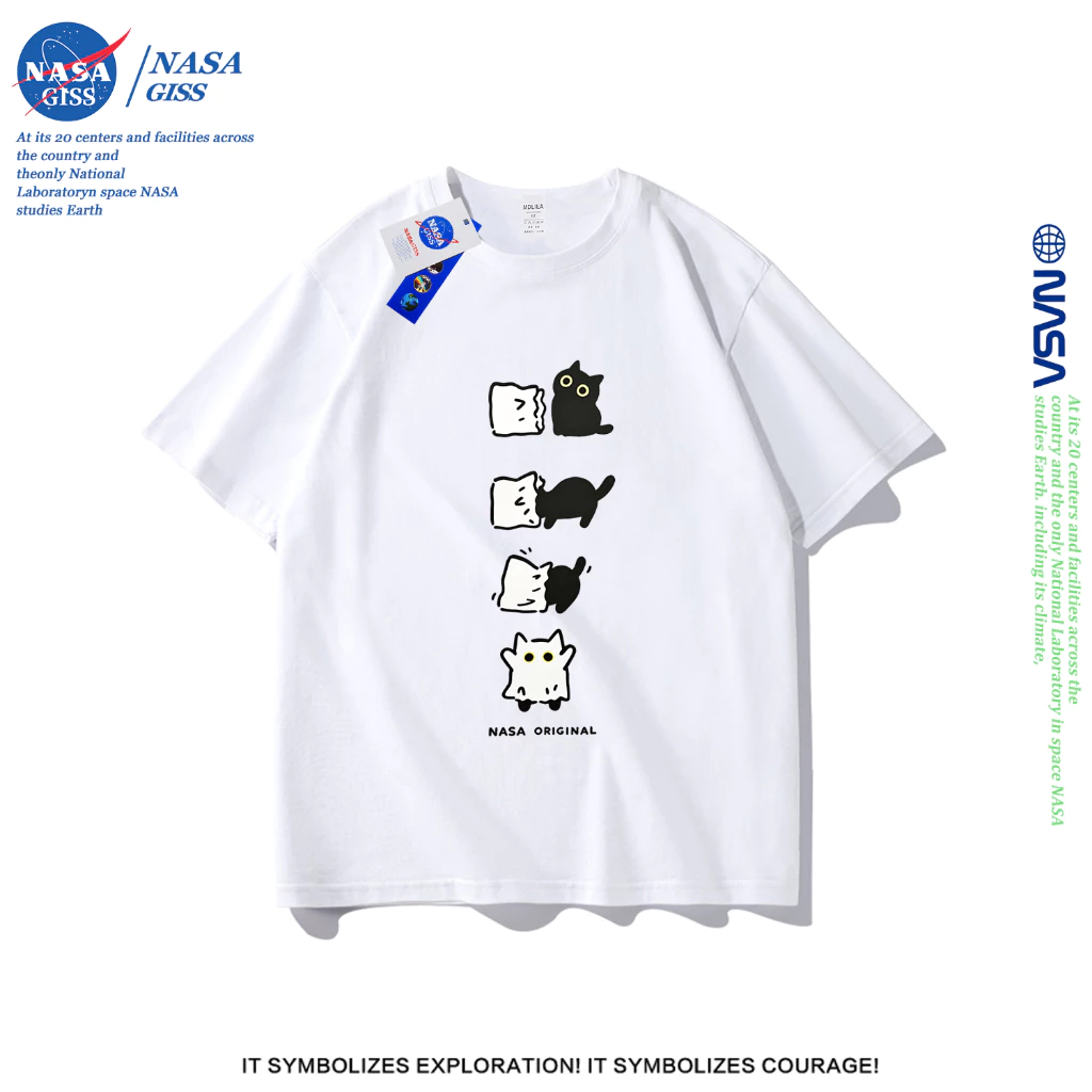 NASA เสื้อยืดชายหญิงแขนสั้น สไตล์ลำลอง summer ผีแมวดำ พิมพ์ลาย คอตตอน คอกลม หลวมและระบายอากาศ