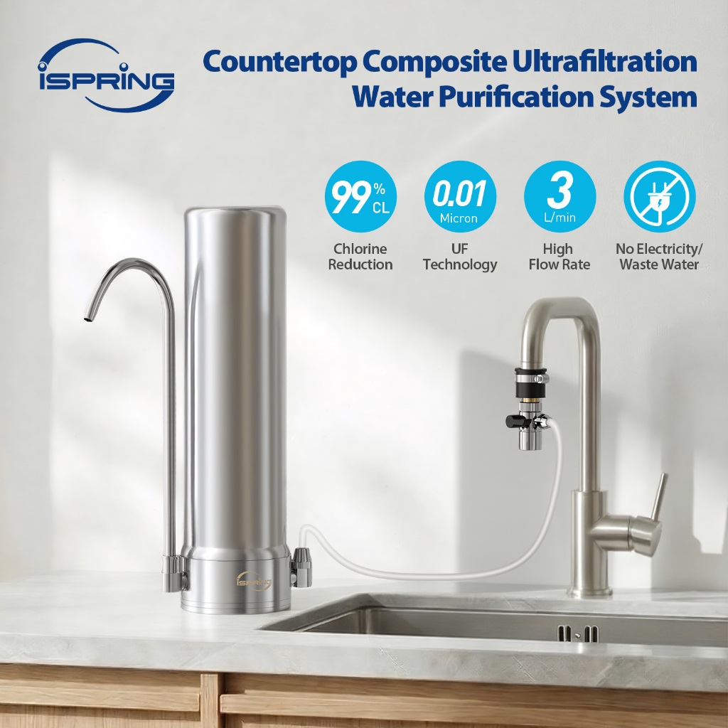 ISpring CKC1S 0.01μm เคาน์เตอร์ก๊อกน้ํากรองน้ําดื่ม 304 สแตนเลสเครื่องฟอกอากาศ Ultrafiltration System ตะกั่วฟรี BPA ฟรีลดคลอรีน 99%